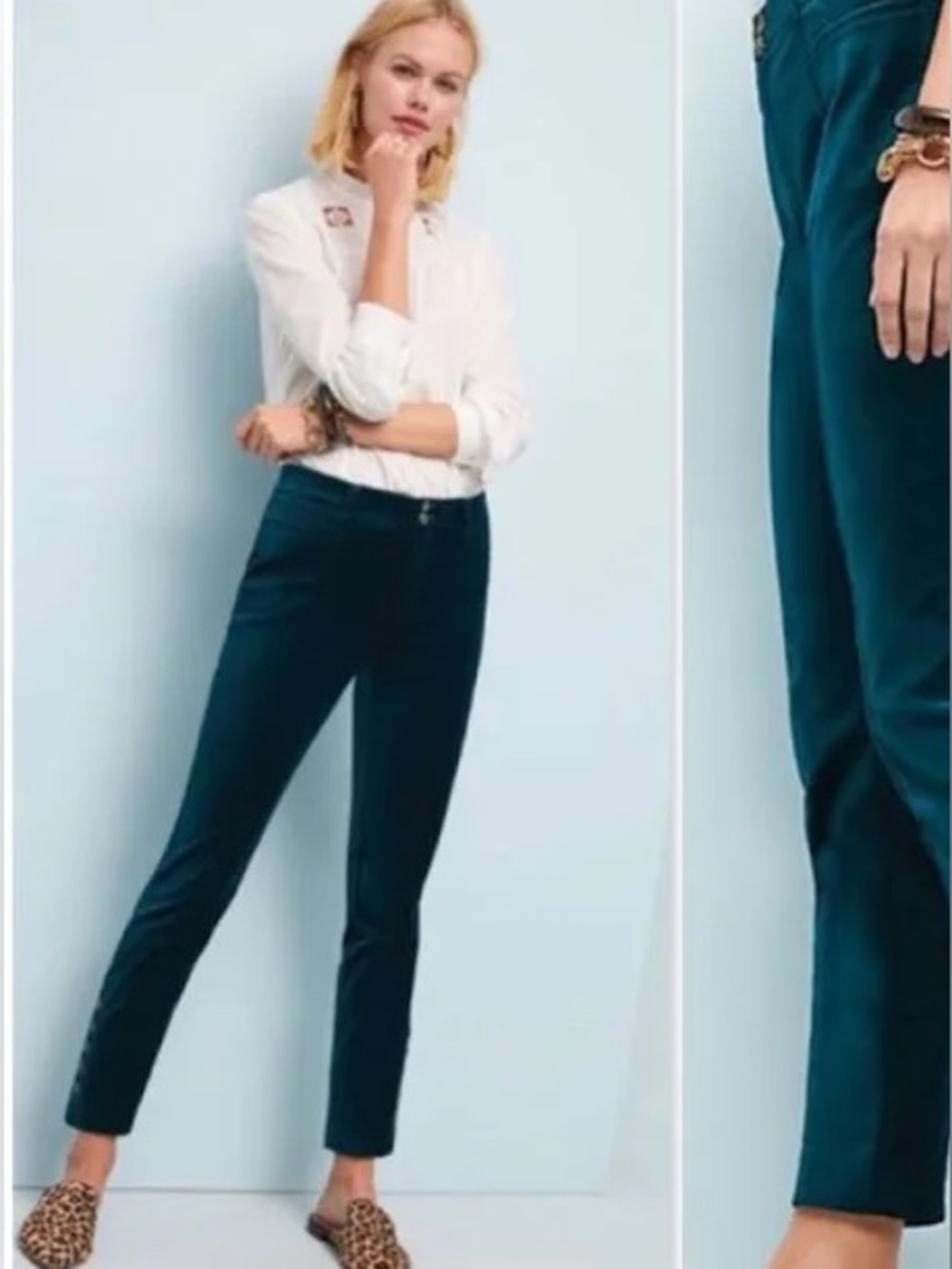 Anthropologie Essential Slim Teal Velvet Button Ankle Pants Size 6